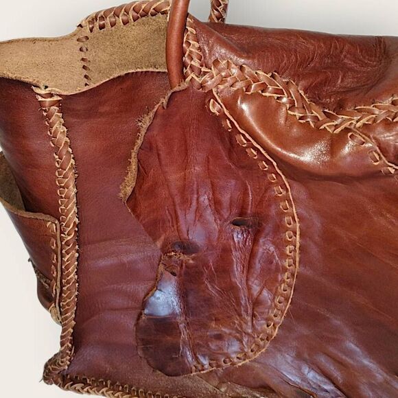 Vtg Hand Crafted Leather Bag Woven Tooled Brown Bullet Holes Western Cowboy RARE - Picture 6 of 13